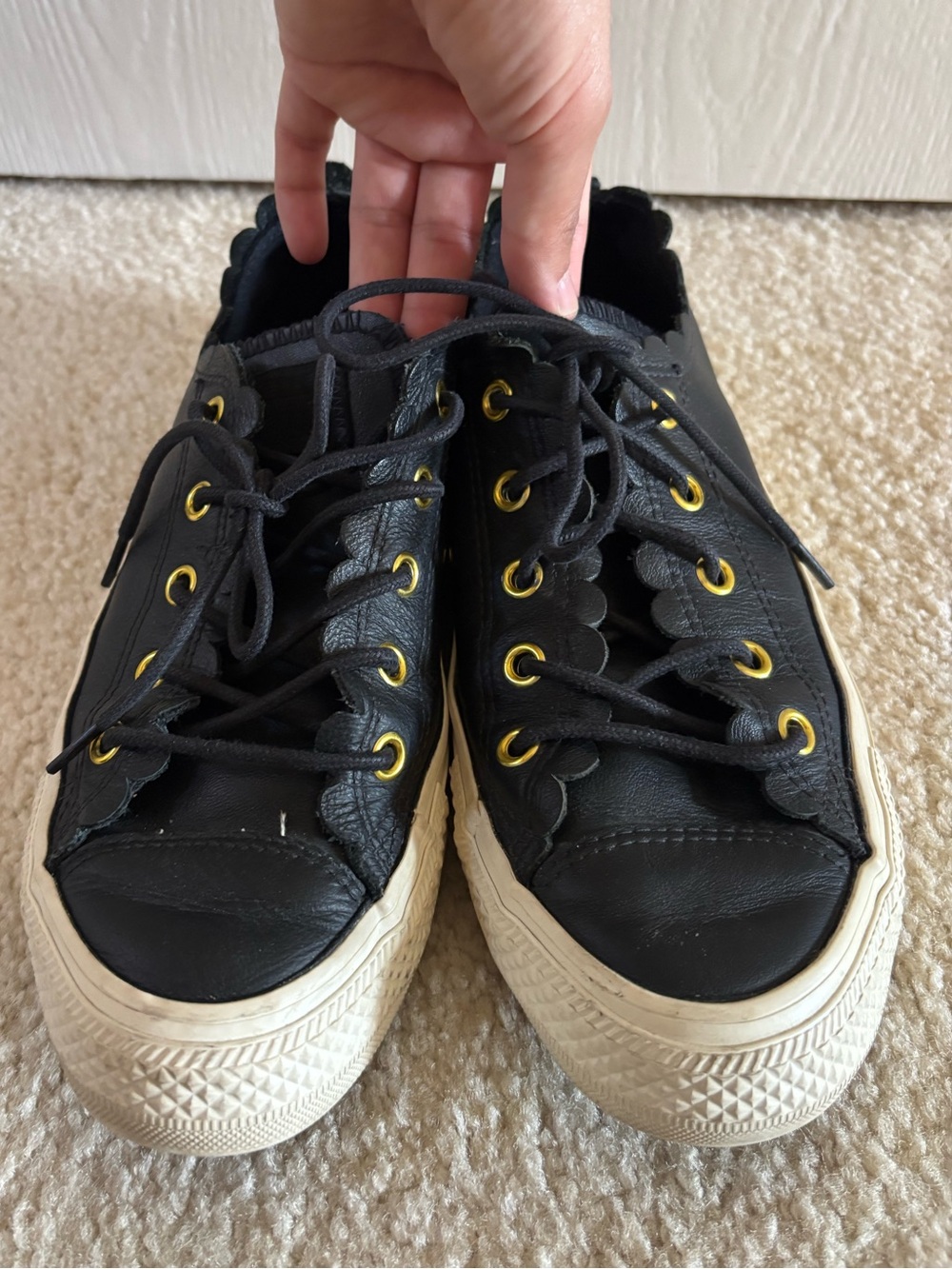 Converse Black Leather Scallop Edge Sneakers with Gold Eyelets
